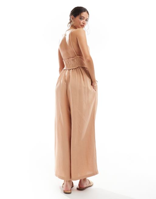 ASOS DESIGN - Rynket cami-jumpsuit med culotte-ben med vidde i lysebrunt hør, 4 af 4