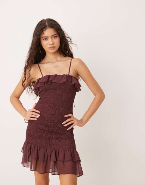ASOS DESIGN - Rynket chokoladebrun cami-minikjole med bindestropper og flæser - view 1