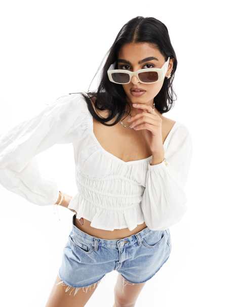 ASOS DESIGN - Rynket hvid top med lange ærmer og hjerteformet hals - view 1