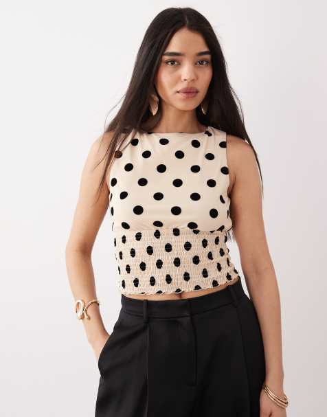 ASOS DESIGN - Rynket hvid top med velouriserede polkaprikker - view 1