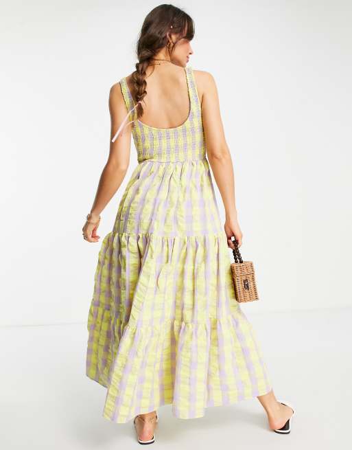 ASOS DESIGN - Rynket maxi-sommerkjole med lag i lyslilla/citrongult tern, 3 af 4