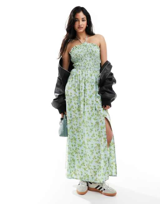 ASOS DESIGN - Rynket maxikjole med halterneck og småblomstret print i blå