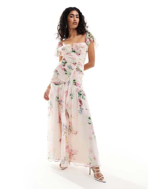 ASOS DESIGN - Rynket midikjole med flæser og blomstermønster - view 1