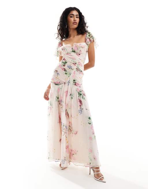 ASOS DESIGN - Rynket midikjole med flæser og blomstermønster