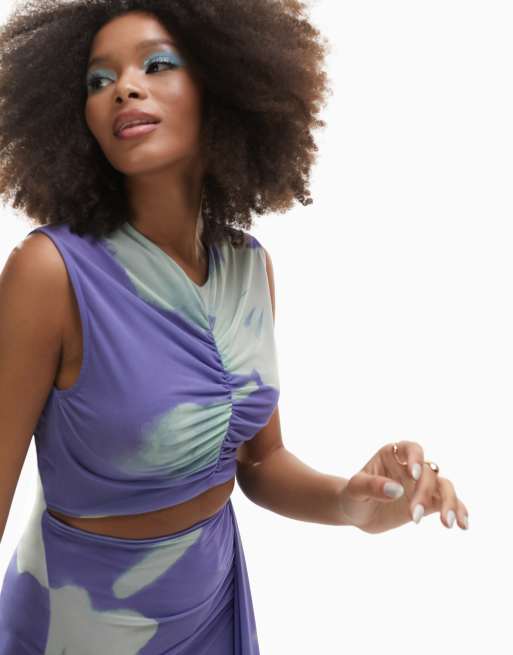 ASOS DESIGN - Rynket midikjole med udskåret talje og print i blåt mesh, 2 af 4
