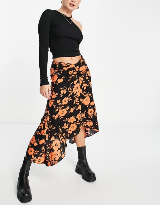 ASOS DESIGN - Rynket midinederdel med orange blomstermønster , 2 af 4