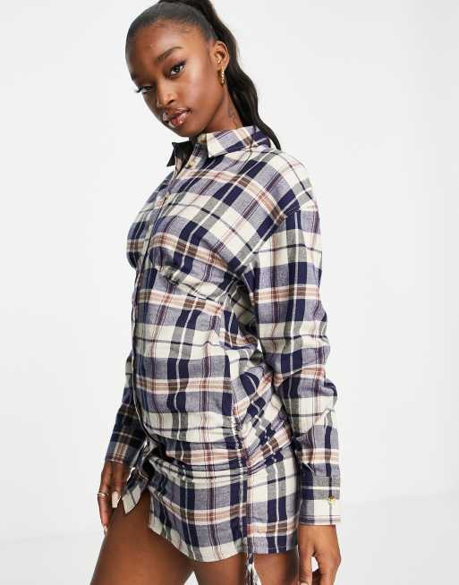ASOS DESIGN - Rynket mini-skjortekjole i cremehvide tern i bodycon-snit