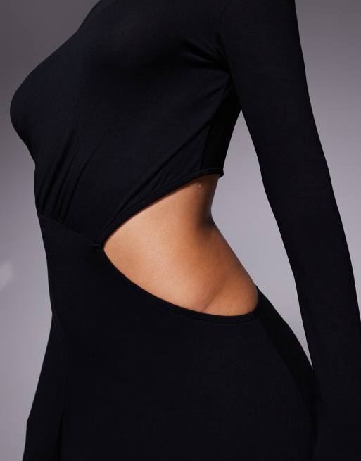 ASOS DESIGN - Rynket og sort midikjole med sænkede skulder, lange ærmer og udskæring, 3 af 4