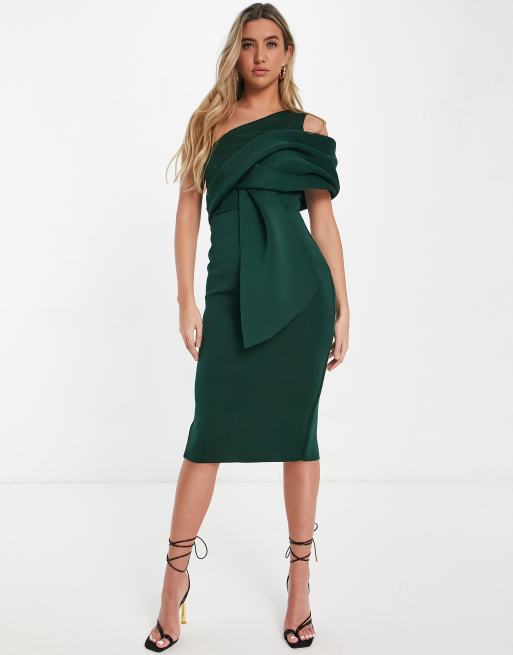 ASOS DESIGN - Rynket pencil-midikjole i cold shoulder-stil i skovgrøn, 4 af 4