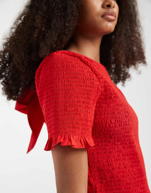 ASOS DESIGN - Rynket rød top med korte ærmer og sløjfedetalje, 3 af 4