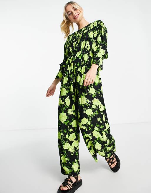 ASOS DESIGN - Rynket smock-jumpsuit med neongrønt blomstermønster, 2 af 4