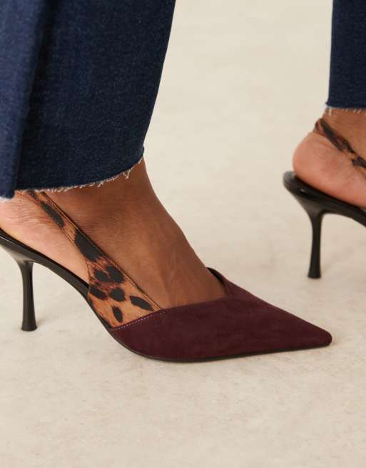 ASOS DESIGN Sabrina slingback stiletto heel shoes in burgundy and leopard