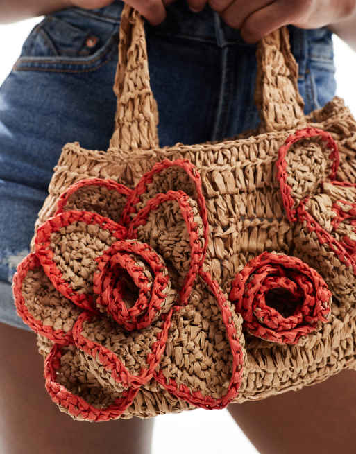 ASOS DESIGN Sac a main en paille avec fleurs Neutre ASOS