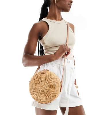 Sac De Plage En Paille Tressée - Forme Ronde, Bandoulière PU - Grand Modèle 44x42cm - Pour Voyages, Vacances, Shopping