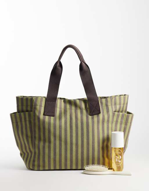ASOS DESIGN sac cabas en toile à rayures multipoches vert et chocolat, 2 de 4