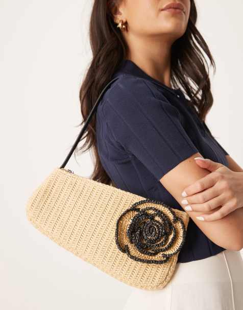 ASOS DESIGN - Sac porté épaule asymétrique en paille avec grosse fleur à coutures contrastantes - Neutre - view 1