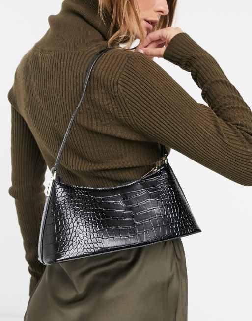 ASOS DESIGN - Sac porté épaule avec éléments métalliques - Noir effet crocodile
