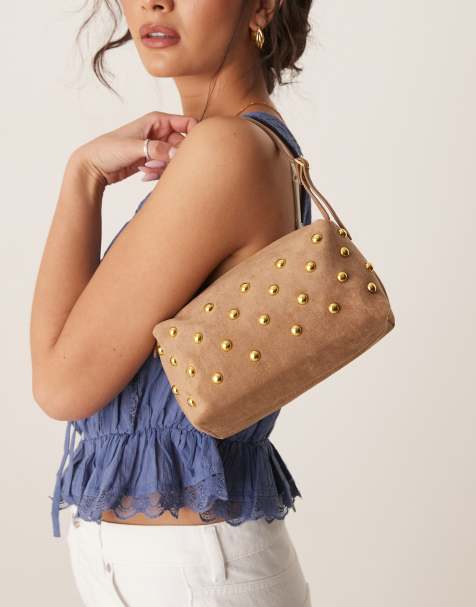 ASOS DESIGN - Sac porté épaule clouté coupe carrée imitation daim - Marron - view 1