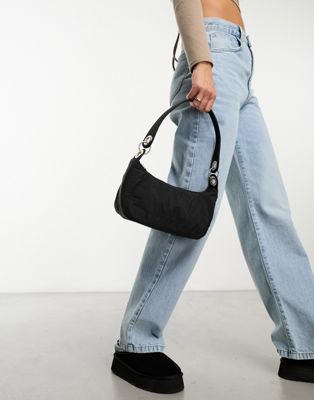 ASOS DESIGN crinkle nylon shoulder bag with double ring detail in black - ASOS Price Checker
