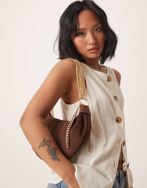 ASOS DESIGN - Sac porté épaule incurvé imitation daim avec anses chaîne - Chocolat , 4 de 4