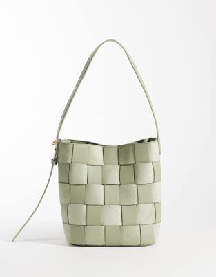 ASOS DESIGN - Sac seau effet tressé en similicuir et imitation daim - Sauge-Vert
