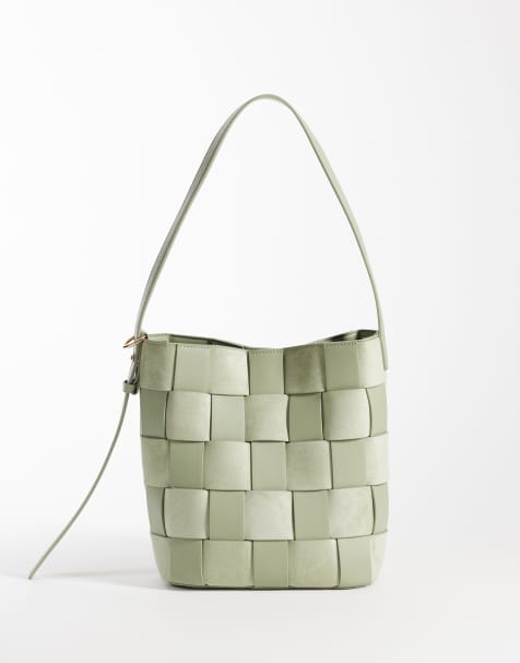 ASOS DESIGN - Sac seau effet tressé en similicuir et imitation daim - Sauge - view 1