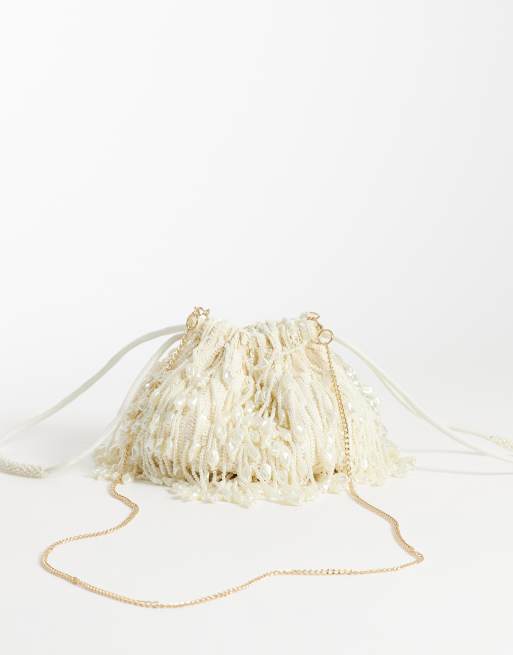 ASOS DESIGN - Sac seau ornementé à franges et perles fantaisie - Naturel, 4 de 4
