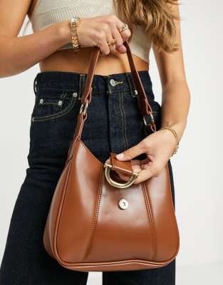 ASOS DESIGN saddle shoulder bag with hardware in glossy tan