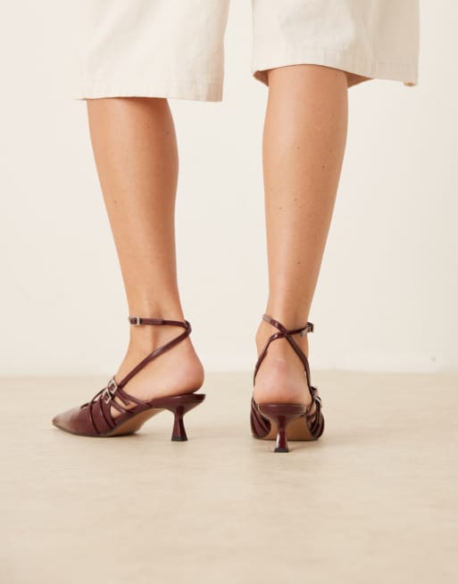 ASOS DESIGN Sadie buckle strap detail kitten heel shoes in burgundy