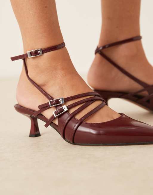 ASOS DESIGN Sadie buckle strap detail kitten heel shoes in burgundy