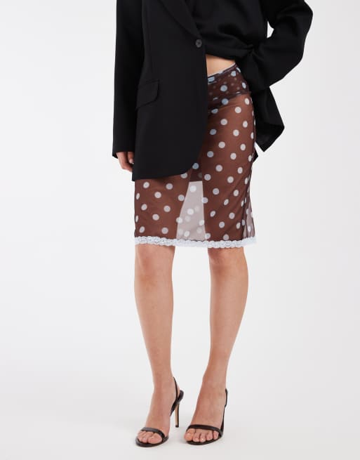 ASOS DESIGN - Sadie - Gonna midi sottoveste in rete trasparente a pois marrone e blu, 2 di 5