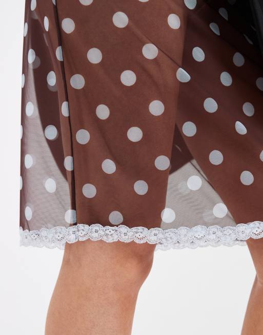 ASOS DESIGN - Sadie - Gonna midi sottoveste in rete trasparente a pois marrone e blu, 5 di 5
