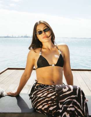 Asos Design Sadie Pleated Bust Triangle Bikini Top With Pearl Detail-black