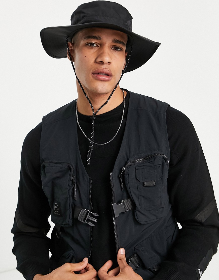 Asos Design Safari Bucket Hat In Black Nylon With Contrast Puller - Black