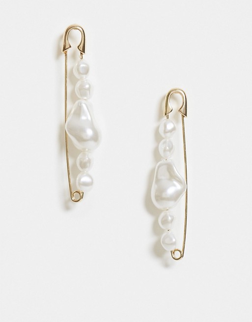ASOS DESIGN safety pin earrings with faux freshwater pearls in gold tone
