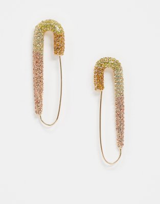 ASOS DESIGN safety pin earrings with ombre colour crystal in gold tone