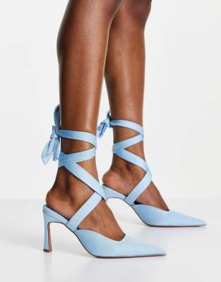 ASOS DESIGN Saffi tie leg mid heeled shoes in blue