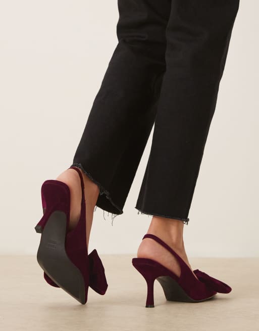 ASOS DESIGN Saffron bow detail mid heeled shoes in burgundy velvet
