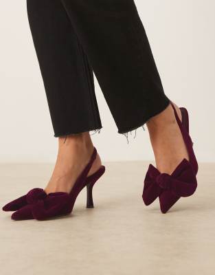 ASOS DESIGN - Saffron - Schuhe aus Samt in Burgunderrot mit mittelhohem Absatz und Schleifendetail