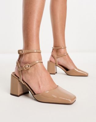 ASOS DESIGN Saffy block heeled mid shoes in beige patent