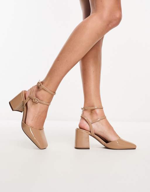 ASOS DESIGN Saffy block heeled mid shoes in beige patent