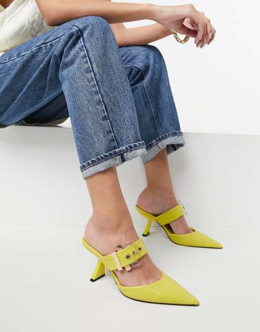 ASOS DESIGN Saga buckle feature mid heeled mules in lime