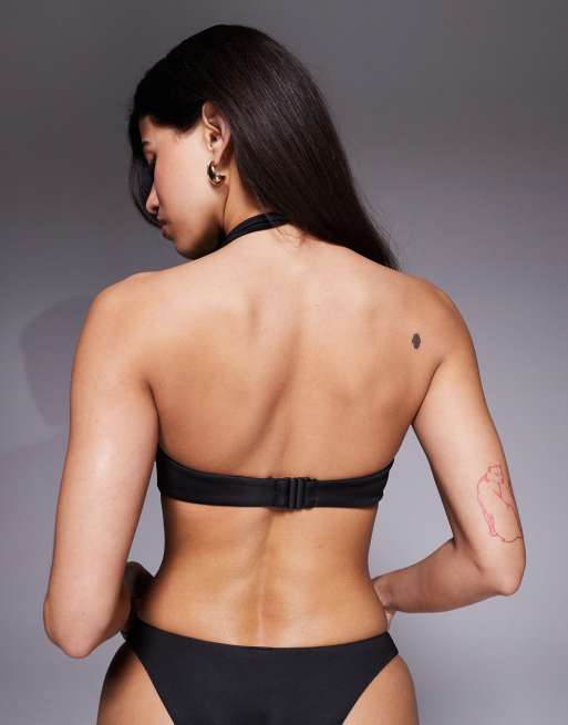 ASOS DESIGN Sage premium halter bandeau bikini top with U-wire and 3d flowers in black, 2 of 4