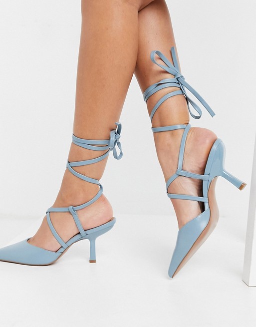 ASOS DESIGN Sahara tie leg mid heels in blue