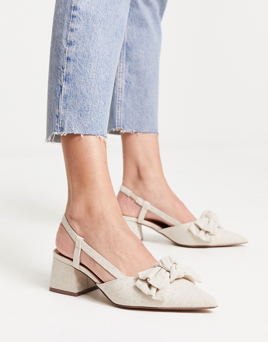 ASOS DESIGN Saidi bow slingback mid heeled shoes in natural fabrication-Neutral