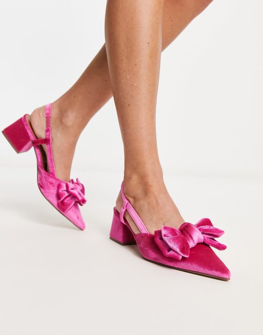 ASOS DESIGN Saidi bow slingback mid heeled shoes in pink velvet | ASOS