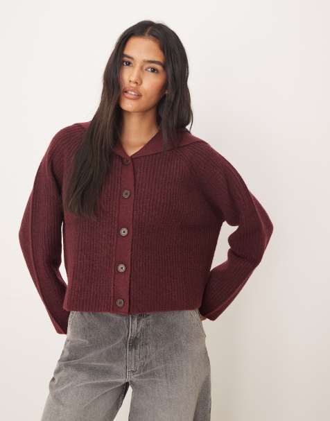 ASOS DESIGN sailor collar fisherman rib cardigan in burgundy - view 1