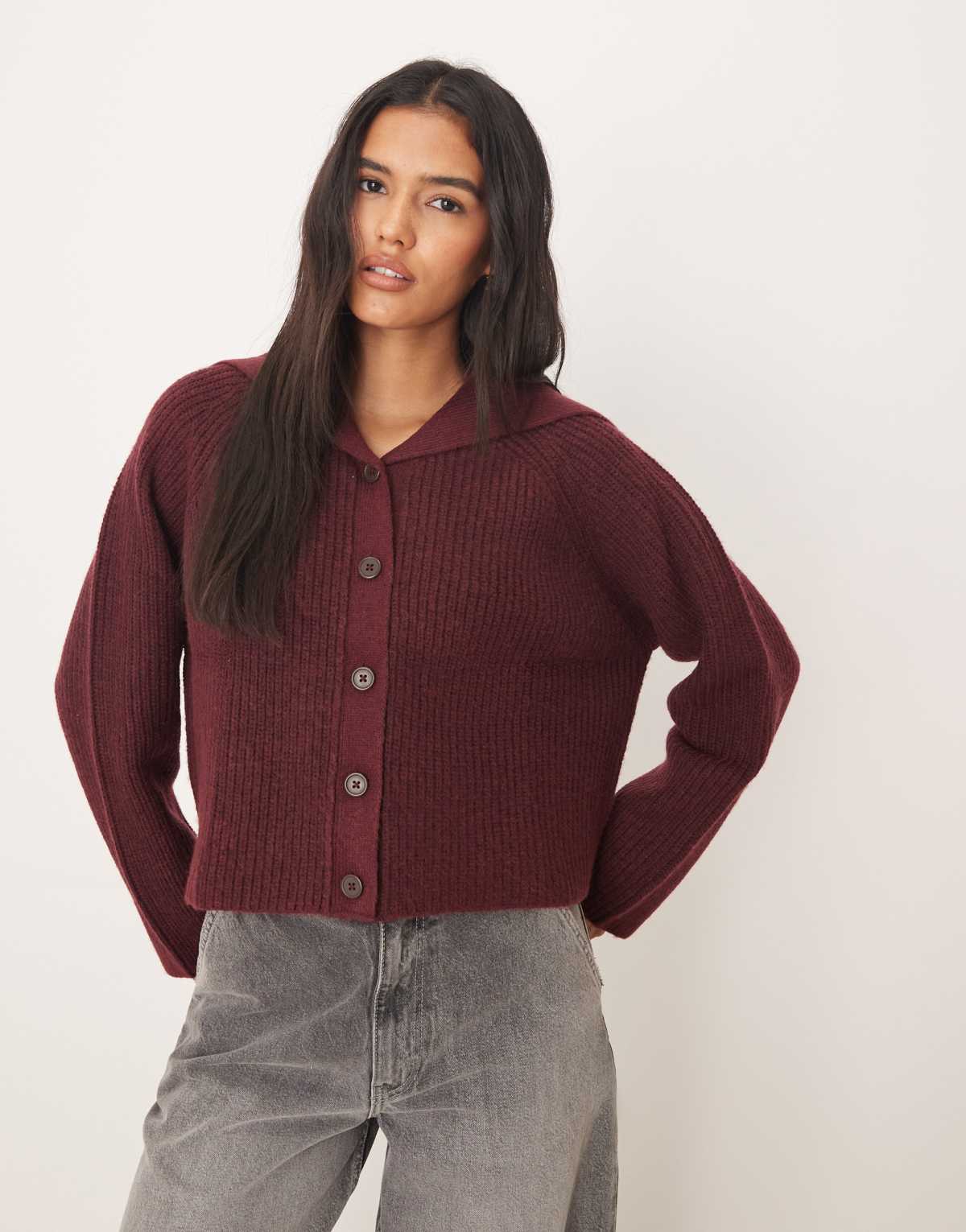 ASOS DESIGN sailor collar fisherman rib cardigan in burgundy