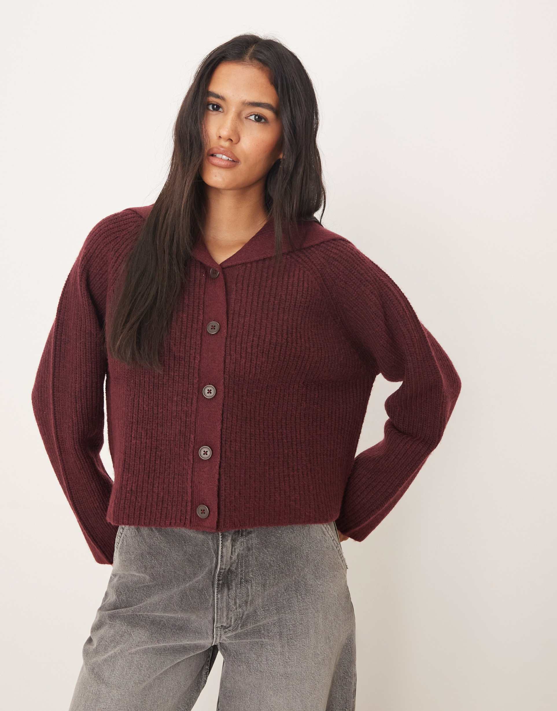 asos design sailor collar fisherman rib cardigan in burgundy