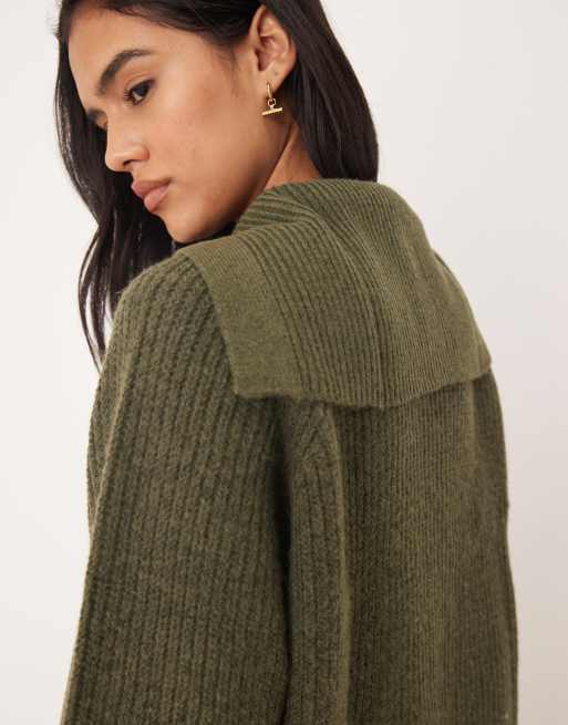 ASOS DESIGN sailor collar fisherman rib cardigan in khaki, 3 of 4